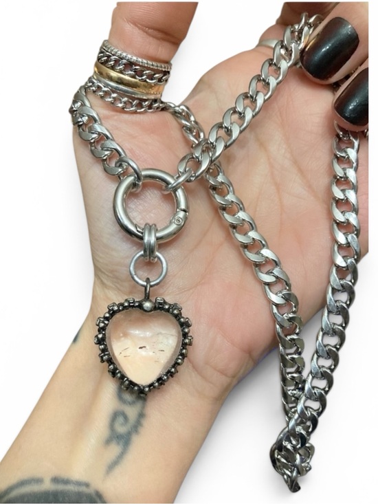 Silverskylight Jewelry - Genuine clear crystal quartz heart on cuban chain choker silver necklace